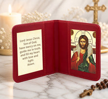 Load image into Gallery viewer, Traveling Icon Diptych - Book - Christ The Good Shepherd &amp; Prayer - Traveling Faith - Greek Byzantine Icon Gold Foiled - Leatherette Case - Pocket Size
