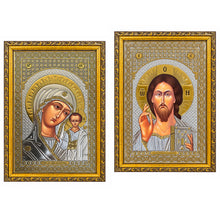 Load image into Gallery viewer, Set of 2 - Matching Icon Pair  Virgin of Kazan &amp; Christ The Teacher - Gold &amp; Silver Foiled Icon Covered With Glass - Gold Embossed Icon Gold and Silver Foiled - Wall Hanging - High Quality - 13"x9 1/4"
