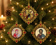 Load image into Gallery viewer, Nativity, Christ, Perpetual Help - Set of 3 -  Greek Gold Foiled Byzantine Christmas Icon Ornaments and Room Decorations - Framed In Jeweled Frame, Decorated With Faux Crystals, 4 Inch

