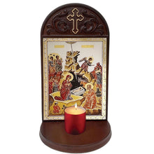 Load image into Gallery viewer, Nativity of Christ Icon in Wooden Shrine for Candle, Holy Water Bottle Holder or Prayer Rope
