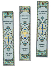 Load image into Gallery viewer, Jesus Prayer Bookmarkers Gold With Grey &amp; Blue - Three Bar Cross Dove - Textile Art 9 1/8"x2"
