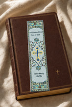 Load image into Gallery viewer, Jesus Prayer Bookmarkers Gold With Grey &amp; Blue - Three Bar Cross Dove - Textile Art 9 1/8"x2"
