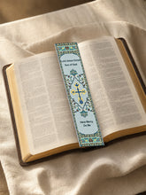 Load image into Gallery viewer, Jesus Prayer Bookmarkers Gold With Grey &amp; Blue - Three Bar Cross Dove - Textile Art 9 1/8"x2"

