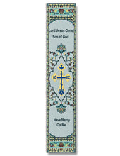 Load image into Gallery viewer, Jesus Prayer Bookmarkers Gold With Grey &amp; Blue - Three Bar Cross Dove - Textile Art 9 1/8"x2"

