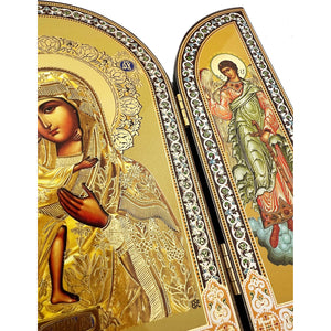 Virgin Mary Icon Triptych With Archangel Michael and Guardian Angel - Gold Foil