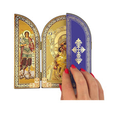 Load image into Gallery viewer, Virgin Mary Icon Triptych With Archangel Michael and Guardian Angel - Gold Foil
