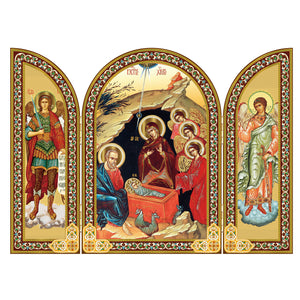 Nativity Icon Triptych With Archangels - Gold Foil