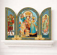Load image into Gallery viewer, Virgin Mary The Unfading Bloom Icon Triptych With Archangel Michael and Guardian Angel - Gold Foil - Wooden 6 1/4 Inch tall
