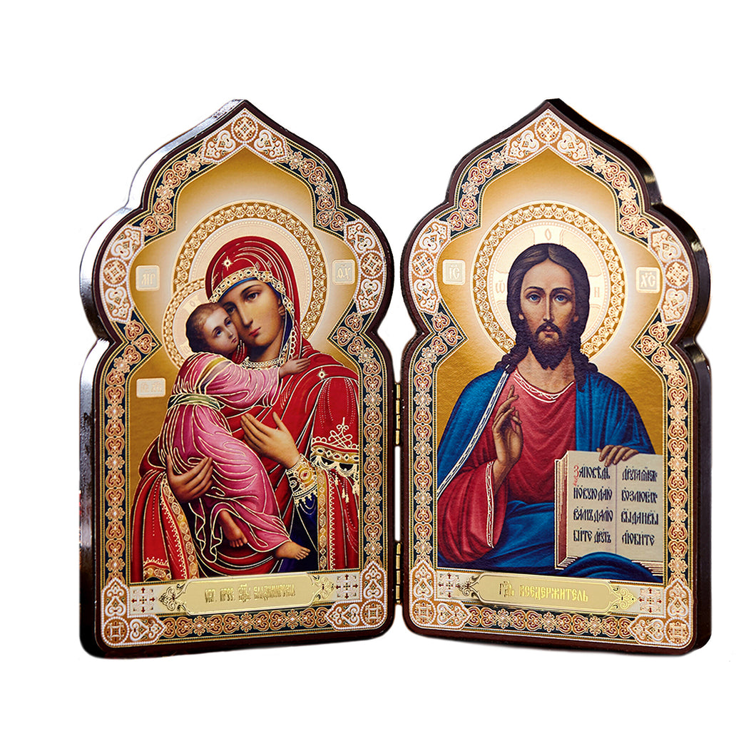 Church Dome Shape Diptych - Virgin of Vladimir and Christ The Teacher Gold Foil