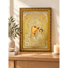 Load image into Gallery viewer, Set of 2 - Matching Icon Pair  Virgin of Kazan &amp; Christ The Teacher - Gold &amp; Silver Foiled Icon Covered With Glass - Gold Embossed Icon Gold and Silver Foiled - Wall Hanging - High Quality - 13"x9 1/4"
