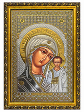 Load image into Gallery viewer, Virgin of Kazan - Gold &amp; Silver Foiled Icon Covered With Glass - Gold Embossed Icon Gold and Silver Foiled - Wall Hanging - High Quality - 13"x9 1/4"
