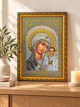Load image into Gallery viewer, Virgin of Kazan - Gold &amp; Silver Foiled Icon Covered With Glass - Gold Embossed Icon Gold and Silver Foiled - Wall Hanging - High Quality - 13"x9 1/4"
