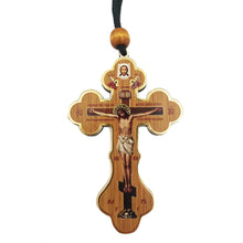 Load image into Gallery viewer, Small Wooden Icon Cross Crucifix on Rope Save Us on the Back
