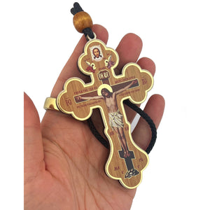 Small Wooden Icon Cross Crucifix on Rope Save Us on the Back