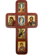 Load image into Gallery viewer, Greek Icon Cross - 14 Inch Oak Wood - Gold Foil Icons
