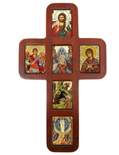 Load image into Gallery viewer, Greek Icon Cross - 14 Inch Oak Wood - Resurrection of Christ, Christ Good Shepherd, Seven Swords, Saint Michael, Nativity - Transfiguration - Icons are Gold Foiled
