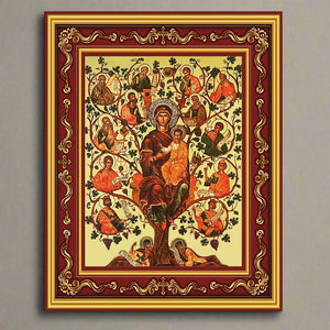 JESSE TREE Virgin Mary Christ With Saints Apostles Gilded Greek Orthodox Byzantine Icon