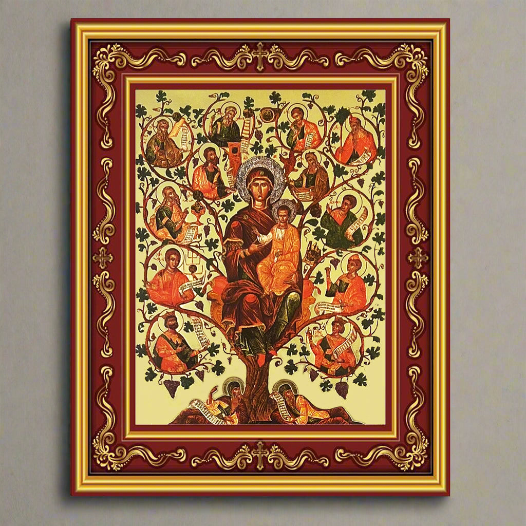 JESSE TREE Virgin Mary Christ With Saints Apostles Gilded Greek Orthodox Byzantine Icon