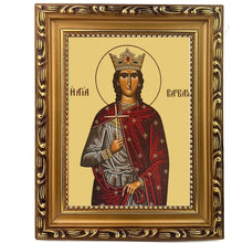 Load image into Gallery viewer, SAINT BARBARA, THE GREAT MARTYR Greek Byzantine Icon - Gold Gilded Greek Icon - Wooden Frame With Stand For Standing and Hook For Hanging on Wall 7 1/4"x5 3/4"
