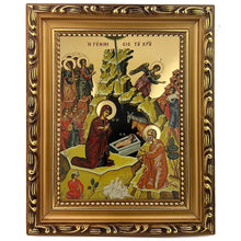 Load image into Gallery viewer, Nativity of Christ Gilded - 9 3/4"x7 1/2"  Byzantine Greek Icon  - Wooden Frame With Stand For Standing and Hook For Hanging on Wall
