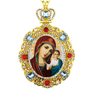 Framed Icon Ornament  With Faux Crystals - Virgin of Kazan