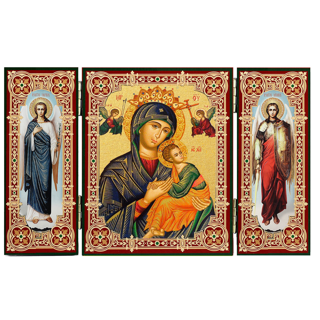 Perpetual Help Icon Triptych With Archangels Michael and Gabriel - Gold Foil