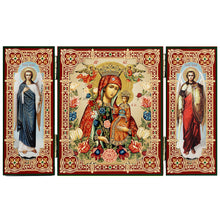Load image into Gallery viewer, Crowned Virgin Mary Icon Triptych With Archangels Michael and Gabriel - Gold Foil
