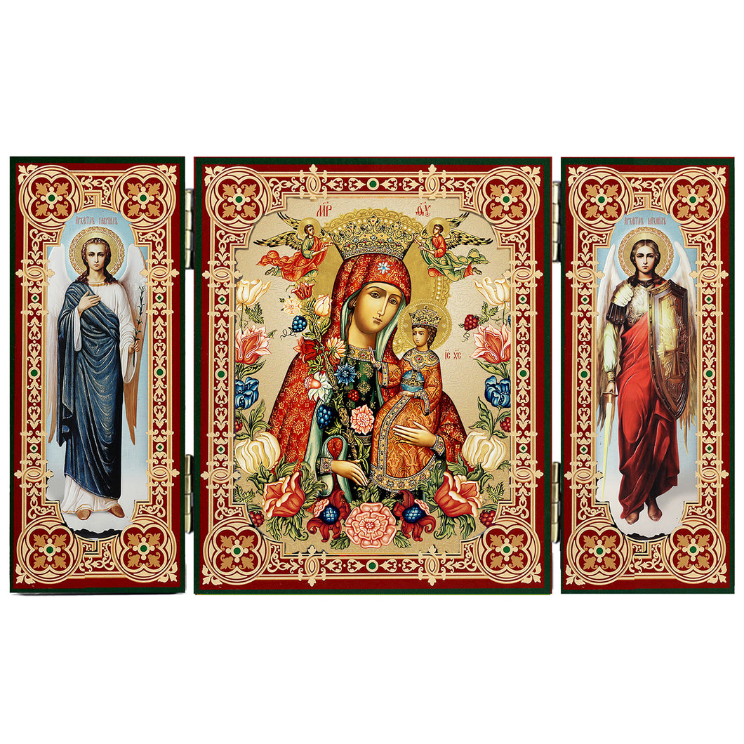 Crowned Virgin Mary Icon Triptych With Archangels Michael and Gabriel - Gold Foil