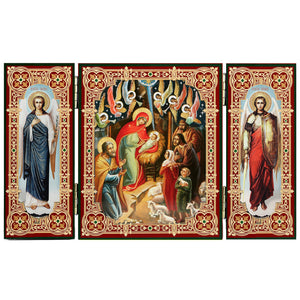 Nativity of Christ Icon Triptych With Archangels Michael and Gabriel - Gold Foil