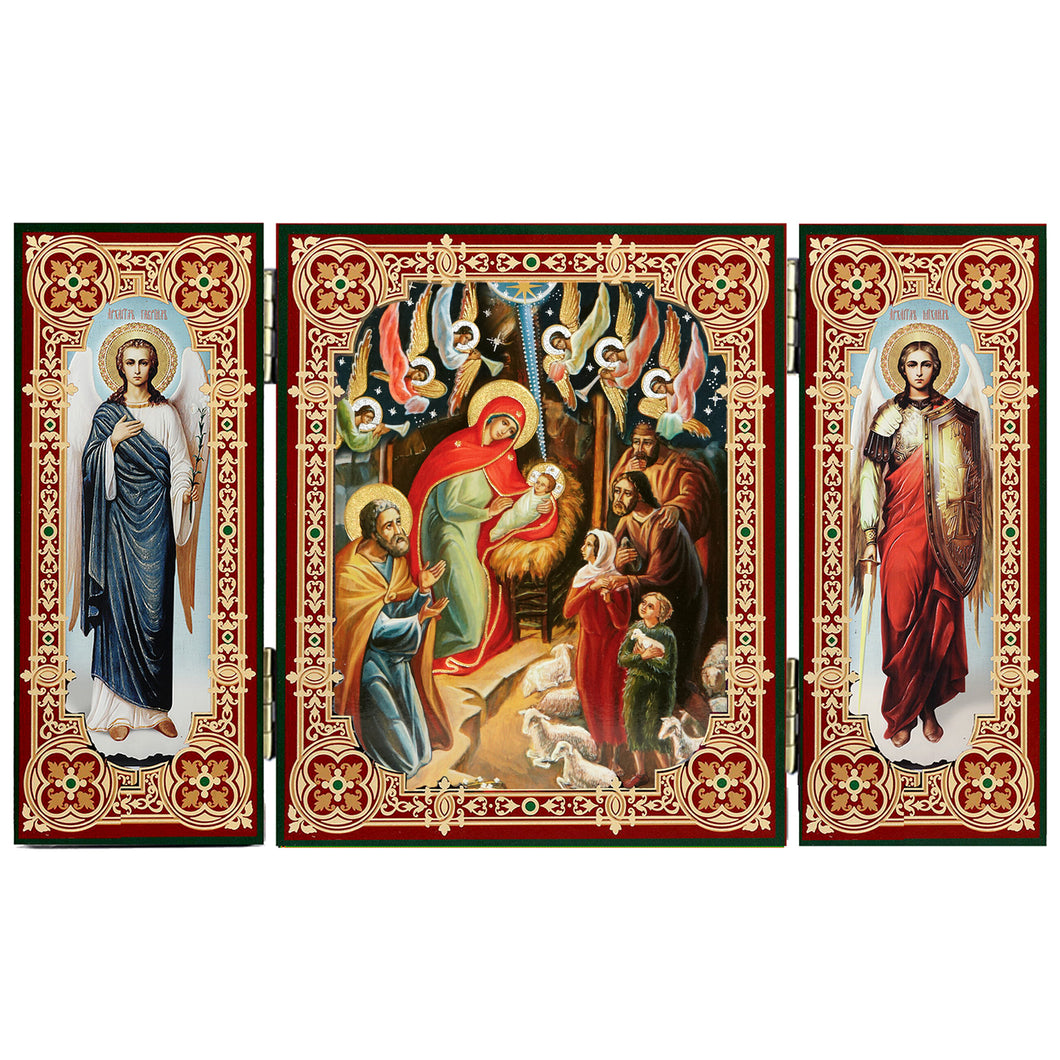 Nativity of Christ Icon Triptych With Archangels Michael and Gabriel - Gold Foil