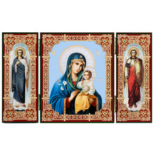 Load image into Gallery viewer, Our Lady of Eternal Bloom Triptych With Archangels Michael and Gabriel - Gold Foil
