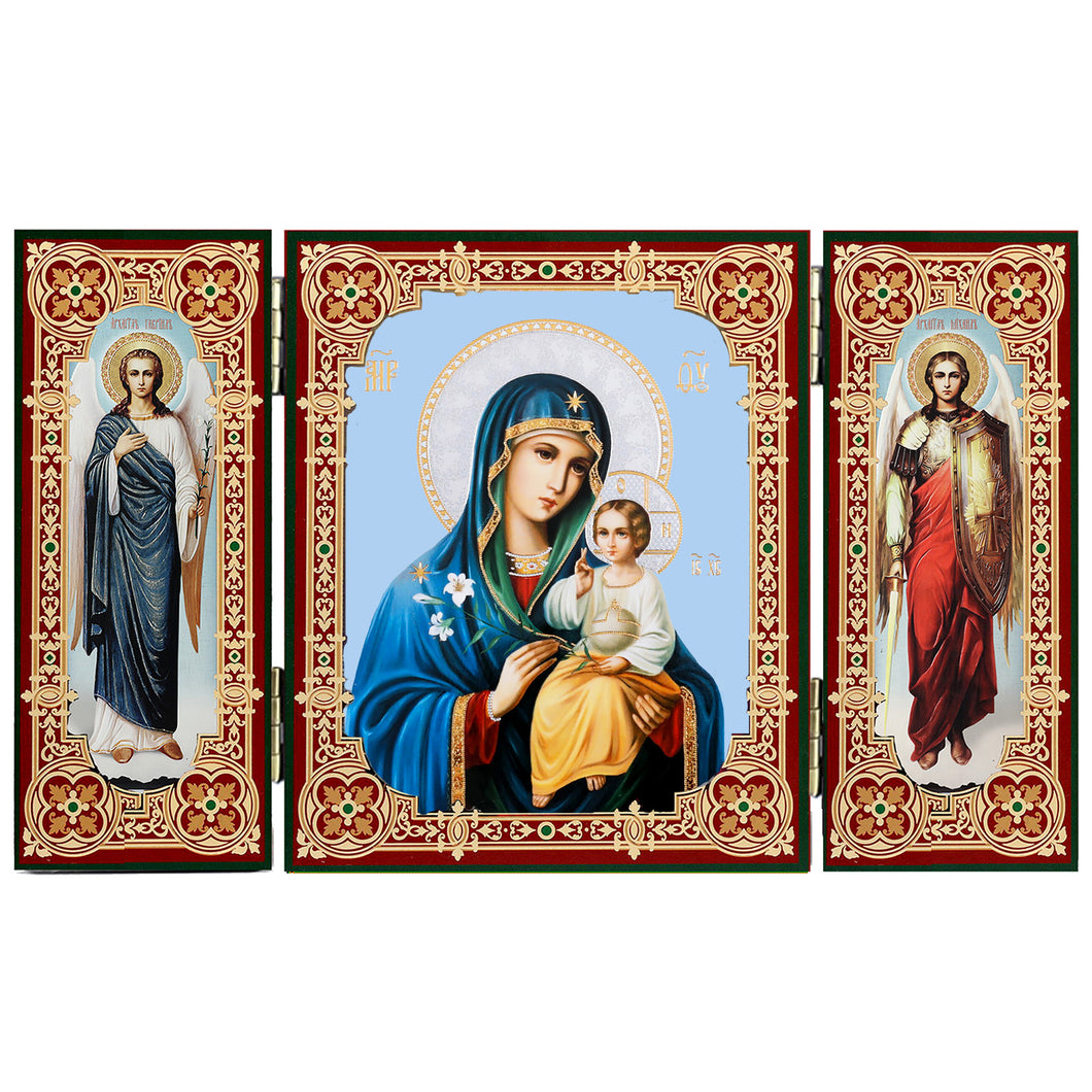 Our Lady of Eternal Bloom Triptych With Archangels Michael and Gabriel - Gold Foil