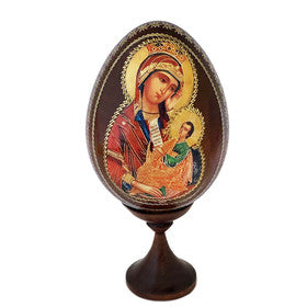 Virgin Mary and Christ "Soothe My Sorrows" Russian Byzantine Wooden Icon Egg 5 Inch tall Including Egg Stand