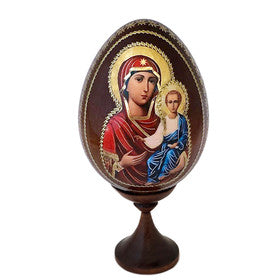 Virgin Of Smolensk Russian Wooden Icon Egg 5 Inch tall Including Egg Stand