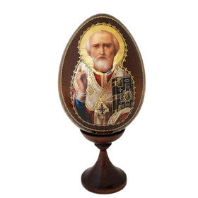 Saint Nicholas Russian Wooden Icon Egg 5 Inch tall Including Egg Stand