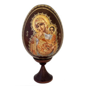 Virgin Mary Tenderness Russian Wooden Icon Egg 6 Inch tall Including Egg Standch tall Including Egg Stand