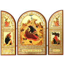 Load image into Gallery viewer, Byzantine Russian Orthodox Icon Nativity of Christ Icon Triptych Wooden Gold and Silver Foiled With Saints

