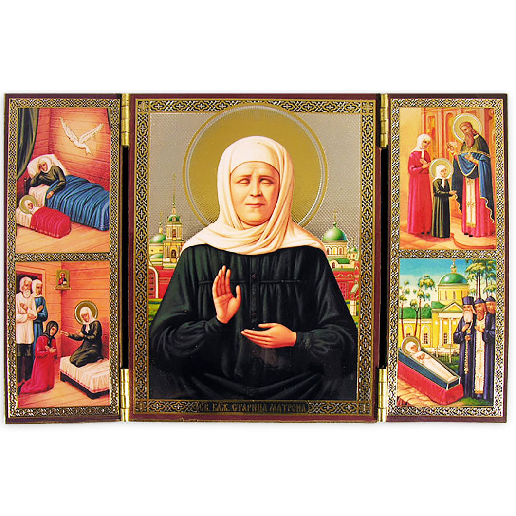 St Matrona Orthodox Russian Wooden Icon Triptych 4 Inch Tall