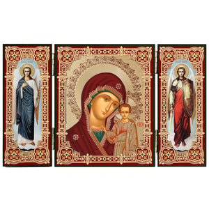 Virgin of Kazan Icon Triptych With Archangels Michael and Gabriel - Gold Foil