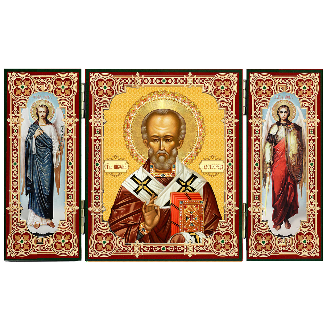 Saint Nicholas Icon Triptych Triptych With Archangels Michael and Gabriel - Gold Foil