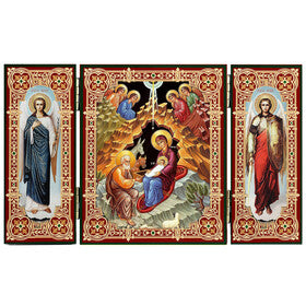 Byzantine Style Nativity Icon Triptych With Archangels Michael and Gabriel - Gold Foil
